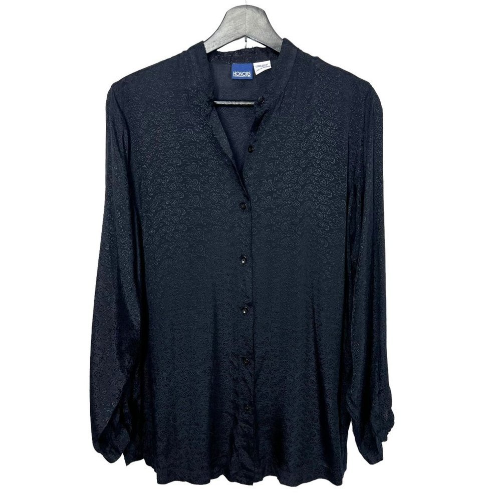 Vintage 90s Black Button Up Long Sleeve Paisley Print Top Medium